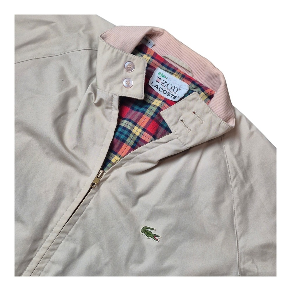VTG 1980s IZOD Lacoste Men's L Harrington Jacket Beige Plaid Lined Windbreaker